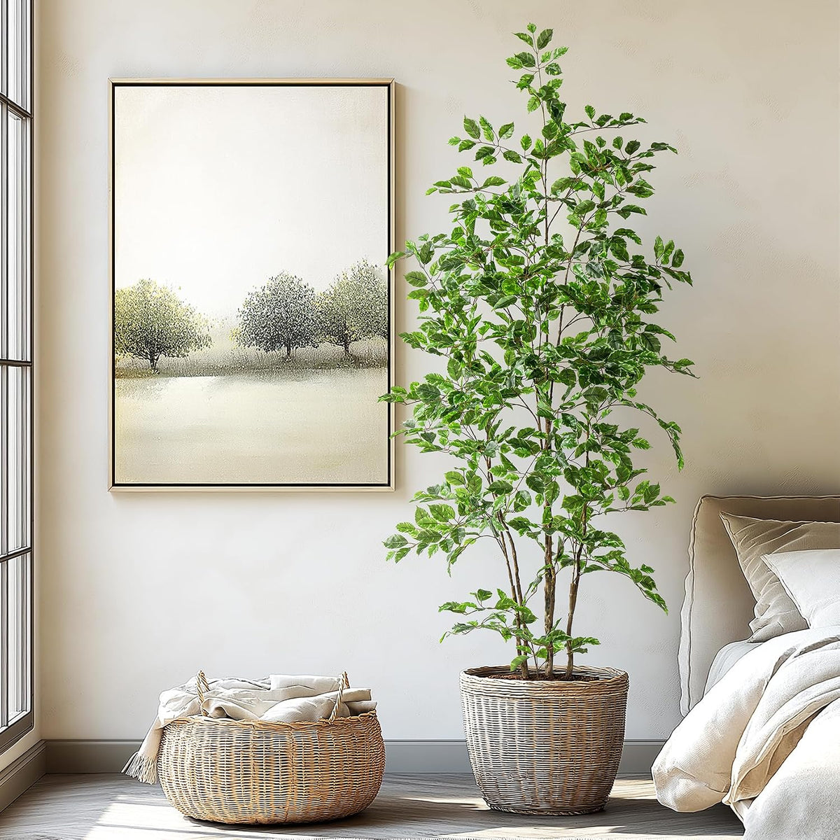Artificial Ficus Tree Indoor 4ft, Large Potted Faux Tree with Realistic Silk Leaves & Trunk for Home Office, Living Room Corner Decor
