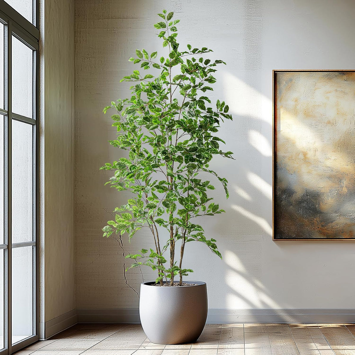 Artificial Ficus Tree Indoor 4ft, Large Potted Faux Tree with Realistic Silk Leaves & Trunk for Home Office, Living Room Corner Decor