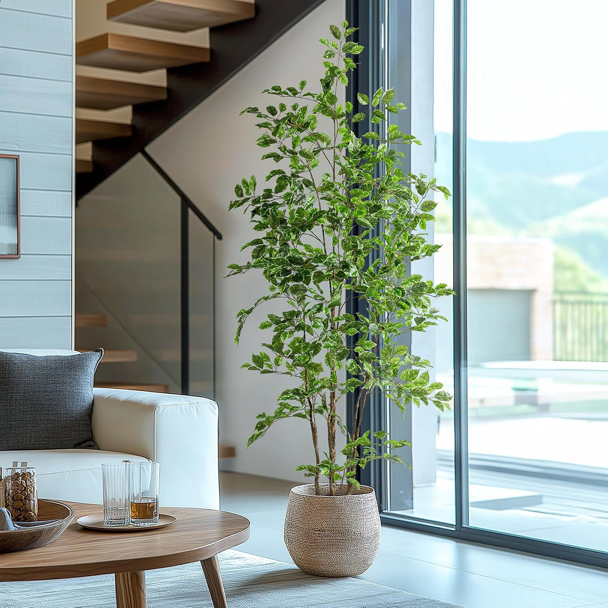Artificial Ficus Tree Indoor 4ft, Large Potted Faux Tree with Realistic Silk Leaves & Trunk for Home Office, Living Room Corner Decor