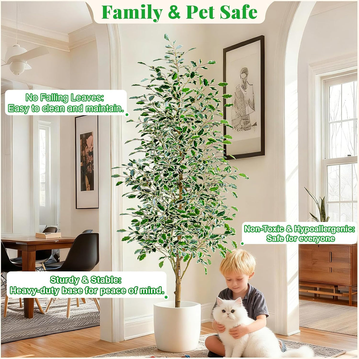 Artificial Ficus Tree Indoor 4ft, Large Potted Faux Tree with Realistic Silk Leaves & Trunk for Home Office, Living Room Corner Decor