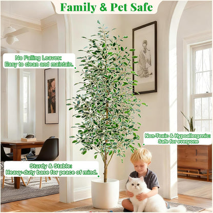 Artificial Ficus Tree Indoor 4ft, Large Potted Faux Tree with Realistic Silk Leaves & Trunk for Home Office, Living Room Corner Decor