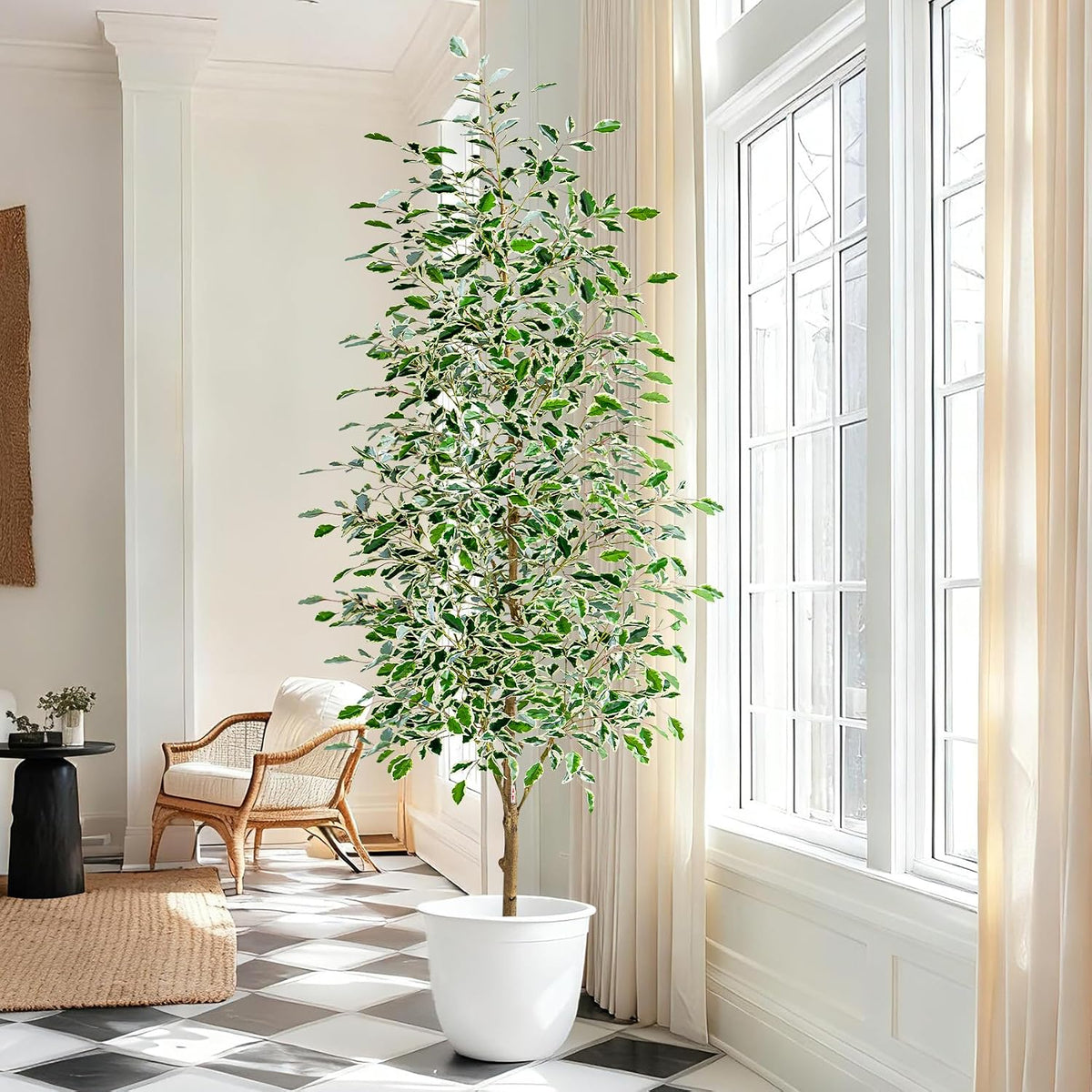 Artificial Ficus Tree Indoor 4ft, Large Potted Faux Tree with Realistic Silk Leaves & Trunk for Home Office, Living Room Corner Decor