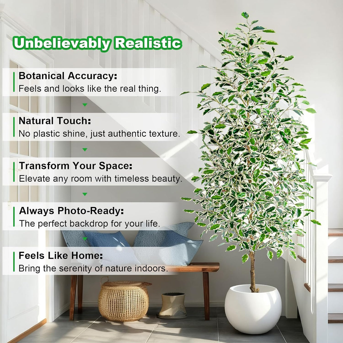 Artificial Ficus Tree Indoor 4ft, Large Potted Faux Tree with Realistic Silk Leaves & Trunk for Home Office, Living Room Corner Decor