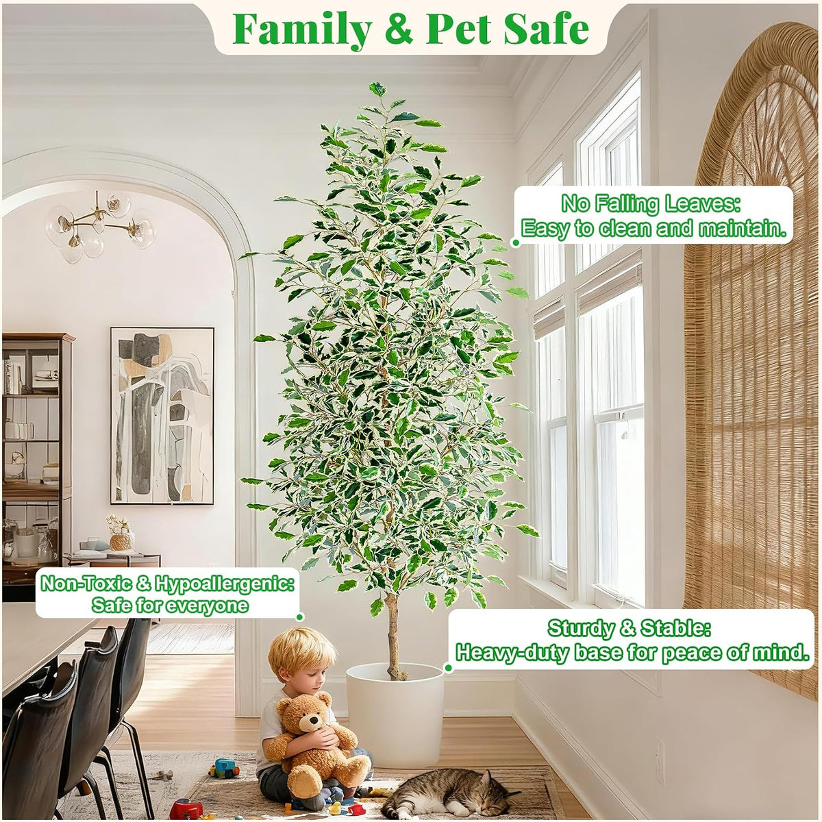 Artificial Ficus Tree Indoor 4ft, Large Potted Faux Tree with Realistic Silk Leaves & Trunk for Home Office, Living Room Corner Decor