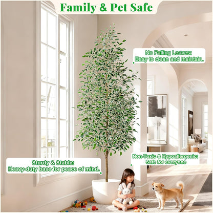 Artificial Ficus Tree Indoor 4ft, Large Potted Faux Tree with Realistic Silk Leaves & Trunk for Home Office, Living Room Corner Decor