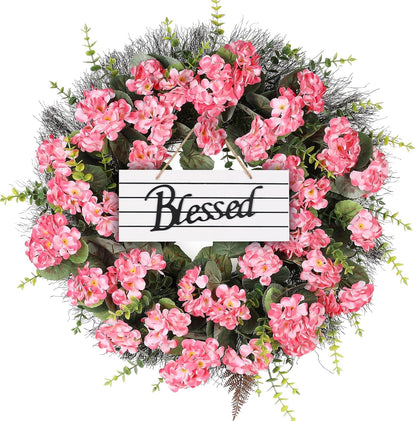 Spring Summer Wreaths for Front Door 24 Inch Pink Artificial Geranium Wreath with Blessed Hanging Sign for Indoor and Outdoor Decor