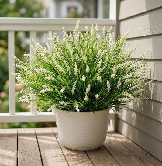 Outdoor Faux Plants, 12 Pcs Fake Plant UV Resistant Monkey Grass Lavender Flowers, Artificial Greenery Shrubs Bush for Outside Planter Patio Garden Front Porch Door Yard Spring Summer Decor, White