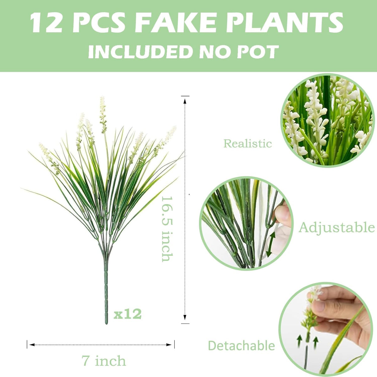 Outdoor Faux Plants, 12 Pcs Fake Plant UV Resistant Monkey Grass Lavender Flowers, Artificial Greenery Shrubs Bush for Outside Planter Patio Garden Front Porch Door Yard Spring Summer Decor, White