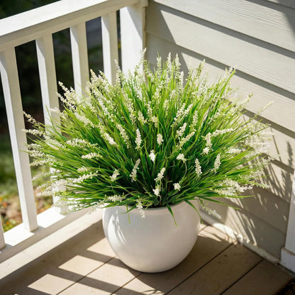 Outdoor Faux Plants, 12 Pcs Fake Plant UV Resistant Monkey Grass Lavender Flowers, Artificial Greenery Shrubs Bush for Outside Planter Patio Garden Front Porch Door Yard Spring Summer Decor, White
