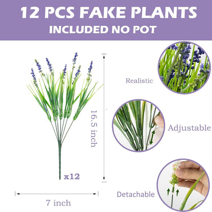 Outdoor Faux Plants, 12 Pcs Fake Plant UV Resistant Monkey Grass Lavender Flowers, Artificial Greenery Shrubs Bush for Outside Planter Patio Garden Front Porch Door Yard Spring Summer Decor, White