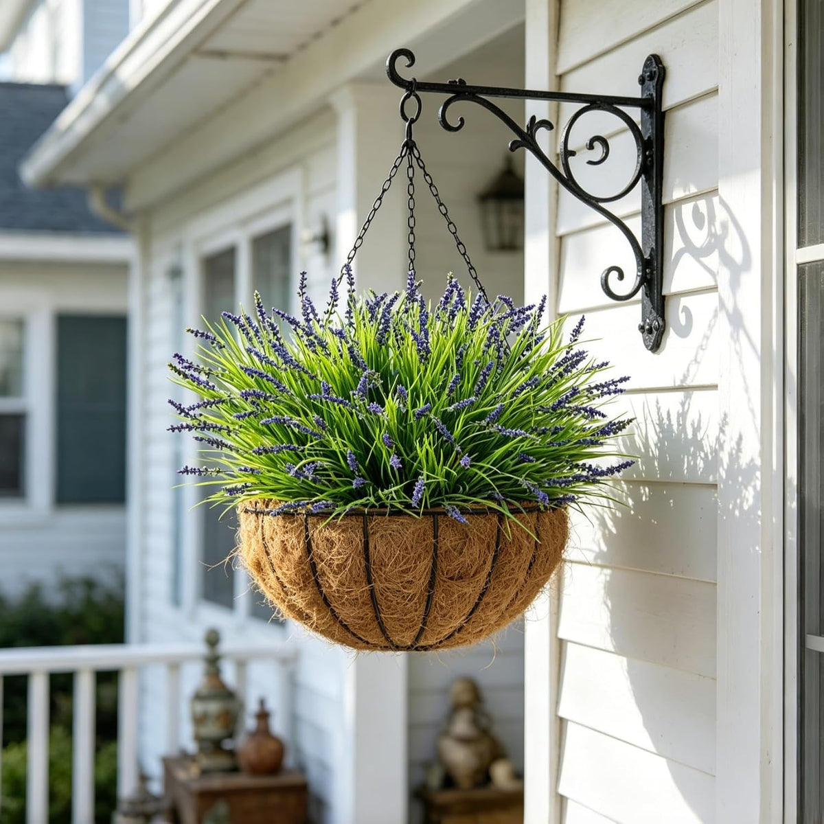 Outdoor Faux Plants, 12 Pcs Fake Plant UV Resistant Monkey Grass Lavender Flowers, Artificial Greenery Shrubs Bush for Outside Planter Patio Garden Front Porch Door Yard Spring Summer Decor, White