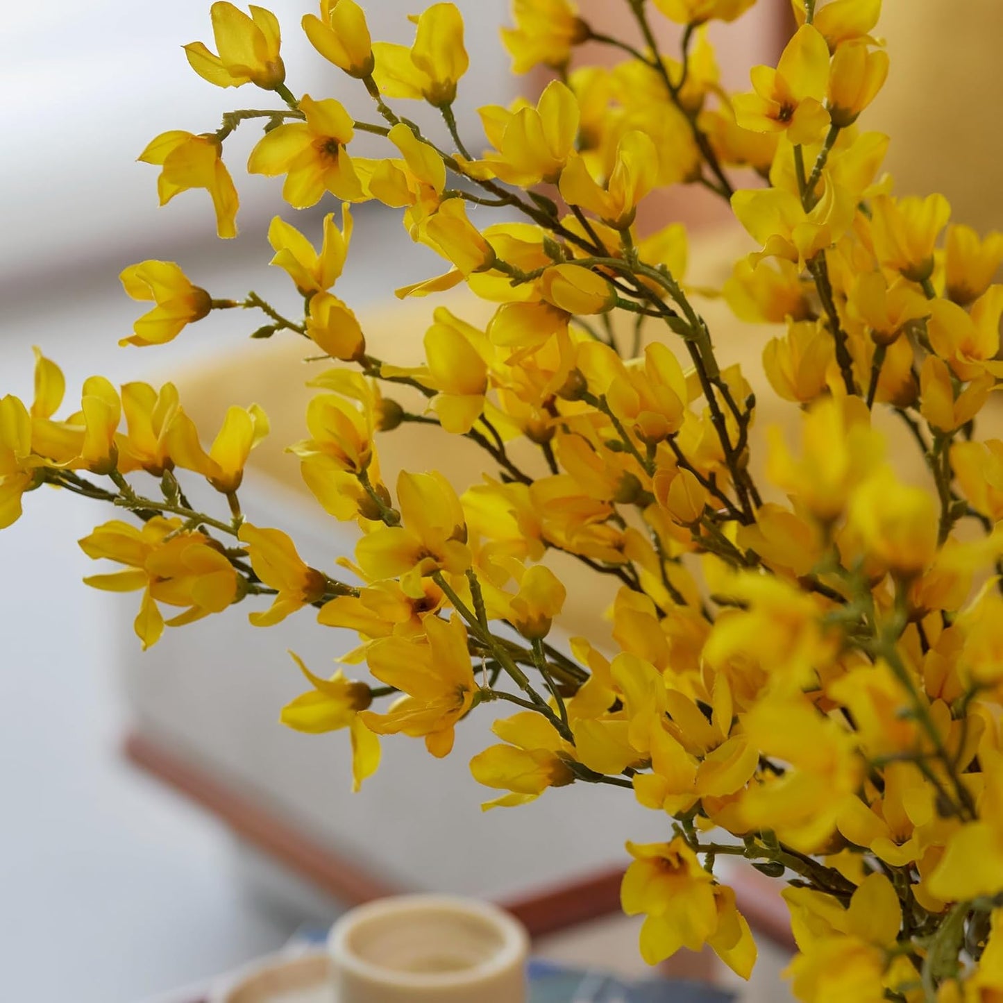 Artificial Forsythia Branches, 6 Pcs Fake Faux Long Stem Flowers Yellow Silk Flowers for Wedding Home Decor Mother's Day, Spring Floral Arrangement for Centerpiece, 38 Inches