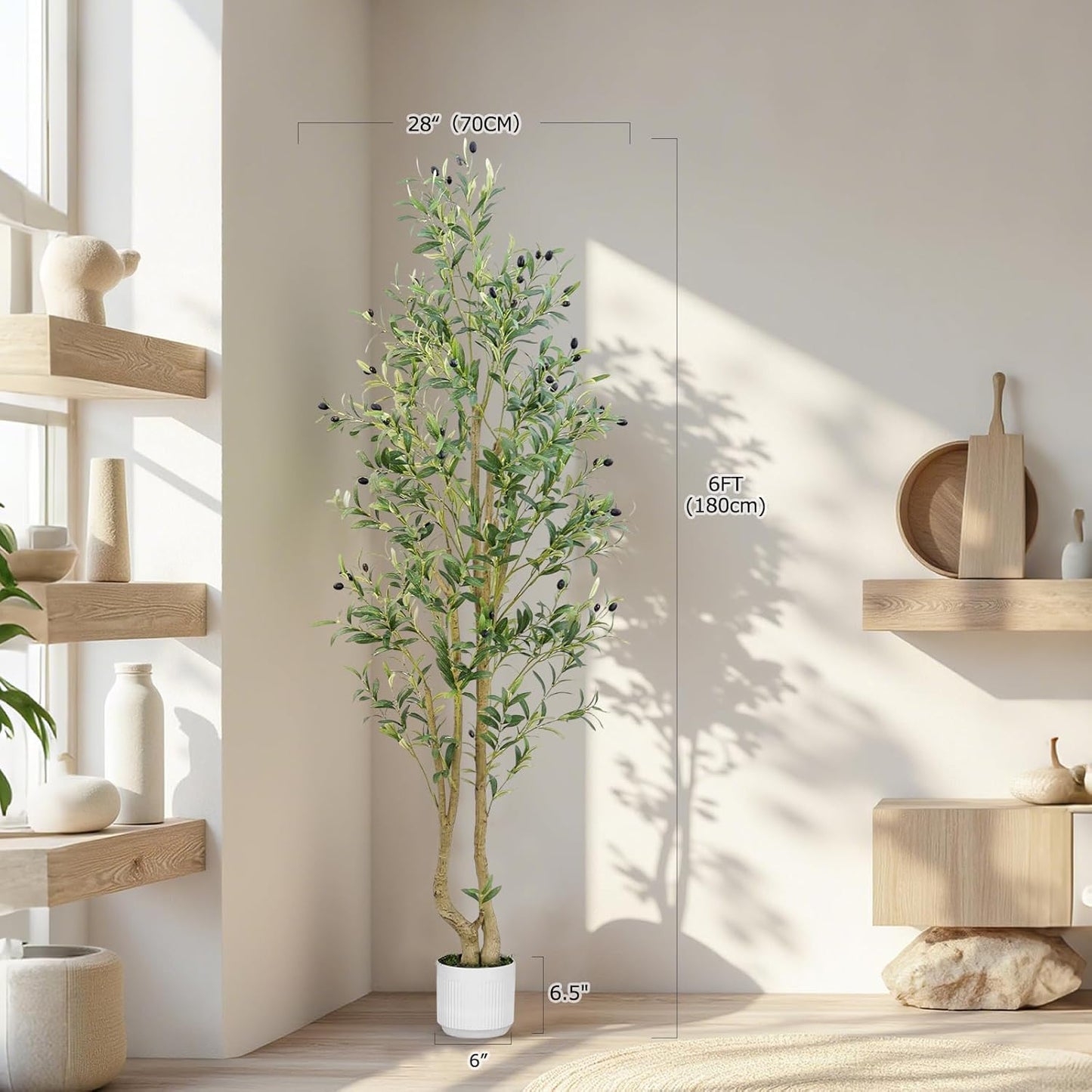 6ft Artificial Olive Tree Indoor, Fake Olive Tree with White Pot, Faux Olive Tree with Dense Leaves & Realistic Fruits, Tall Artificial Plant for Home Living Room Office Entryway Decor