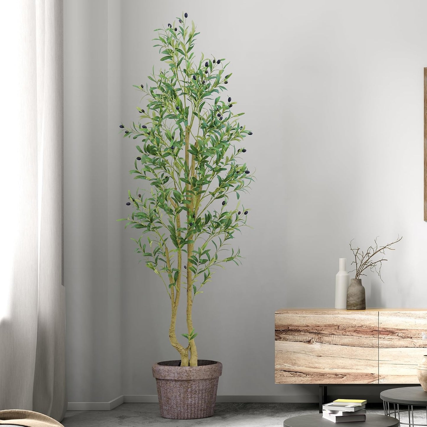 6ft Artificial Olive Tree Indoor, Fake Olive Tree with White Pot, Faux Olive Tree with Dense Leaves & Realistic Fruits, Tall Artificial Plant for Home Living Room Office Entryway Decor