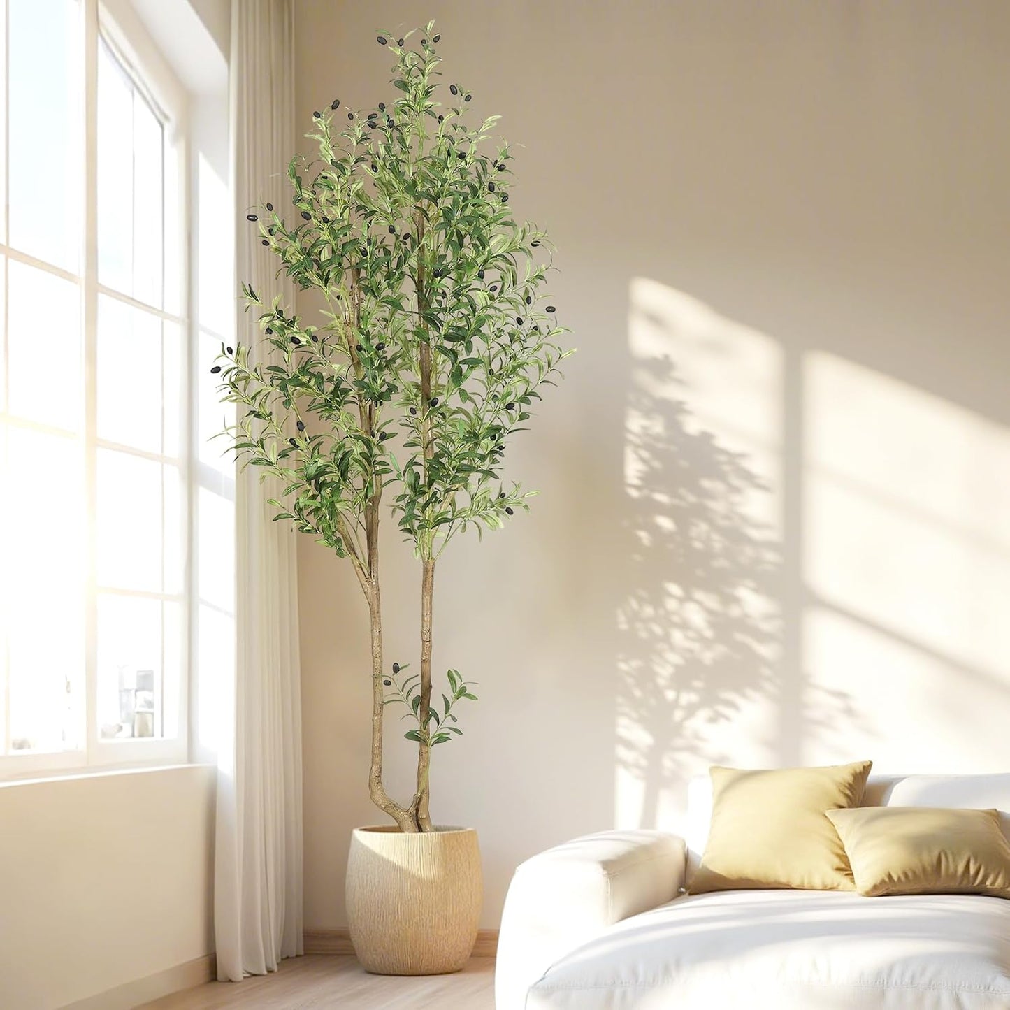 6ft Artificial Olive Tree Indoor, Fake Olive Tree with White Pot, Faux Olive Tree with Dense Leaves & Realistic Fruits, Tall Artificial Plant for Home Living Room Office Entryway Decor