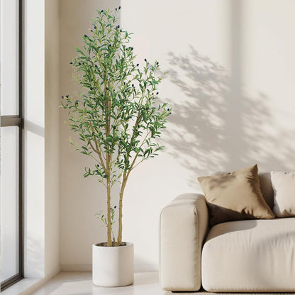 6ft Artificial Olive Tree Indoor, Fake Olive Tree with White Pot, Faux Olive Tree with Dense Leaves & Realistic Fruits, Tall Artificial Plant for Home Living Room Office Entryway Decor