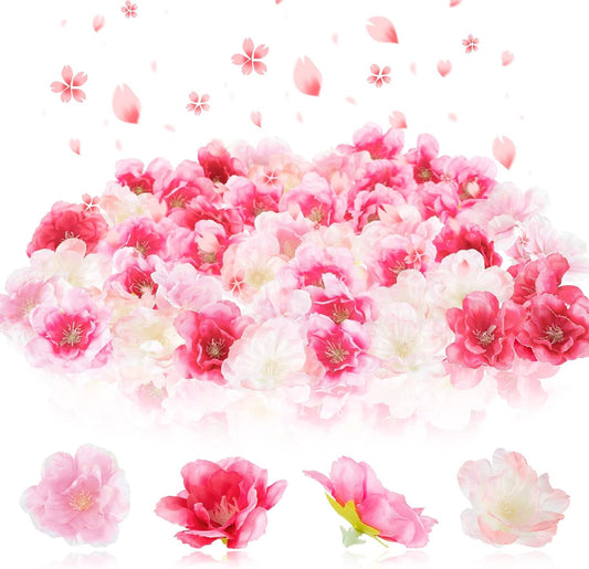 100 Pcs Artificial Cherry Blossom Flower Heads for Crafts Bulk Faux Silk Plum Blossom Petals for DIY Gift Accessories Wedding Floral Party Decoration, 1.5 Inch (4 Colors)