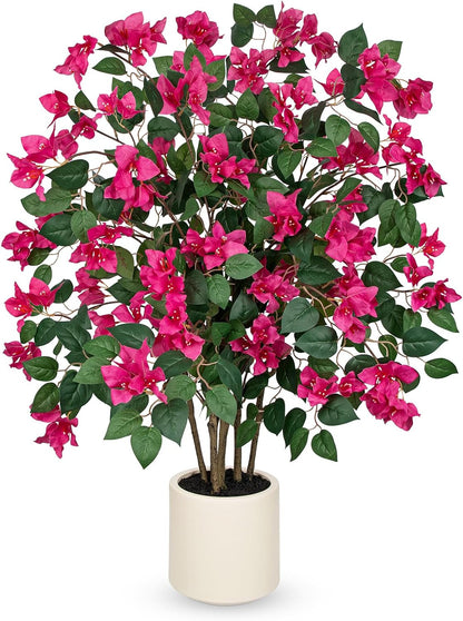 35.4in Artificial Bougainvillea Floral Tree in White Pot, Hot Pink Large Silk Flower Tree Faux Potted Tree for Indoor Outdoor Home Office Garden Wedding Party Decor