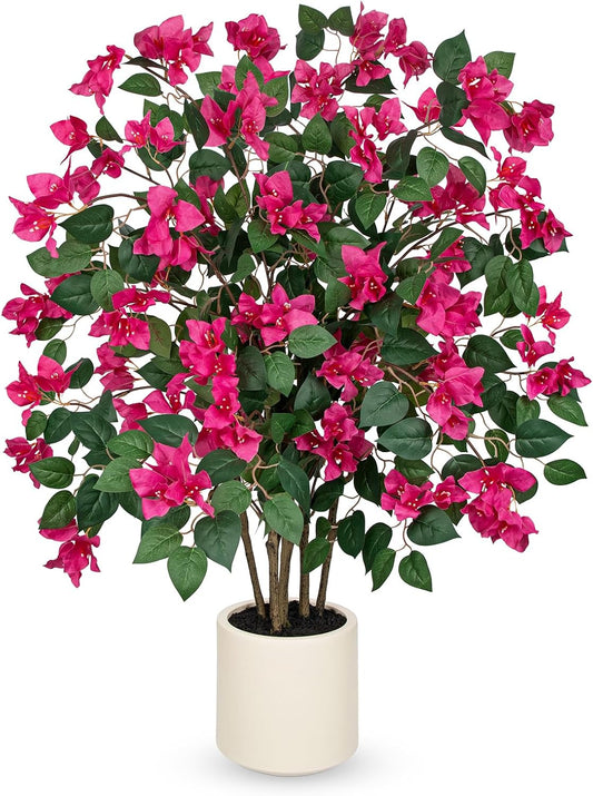 35.4in Artificial Bougainvillea Floral Tree in White Pot, Hot Pink Large Silk Flower Tree Faux Potted Tree for Indoor Outdoor Home Office Garden Wedding Party Decor