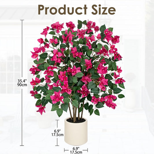 35.4in Artificial Bougainvillea Floral Tree in White Pot, Hot Pink Large Silk Flower Tree Faux Potted Tree for Indoor Outdoor Home Office Garden Wedding Party Decor
