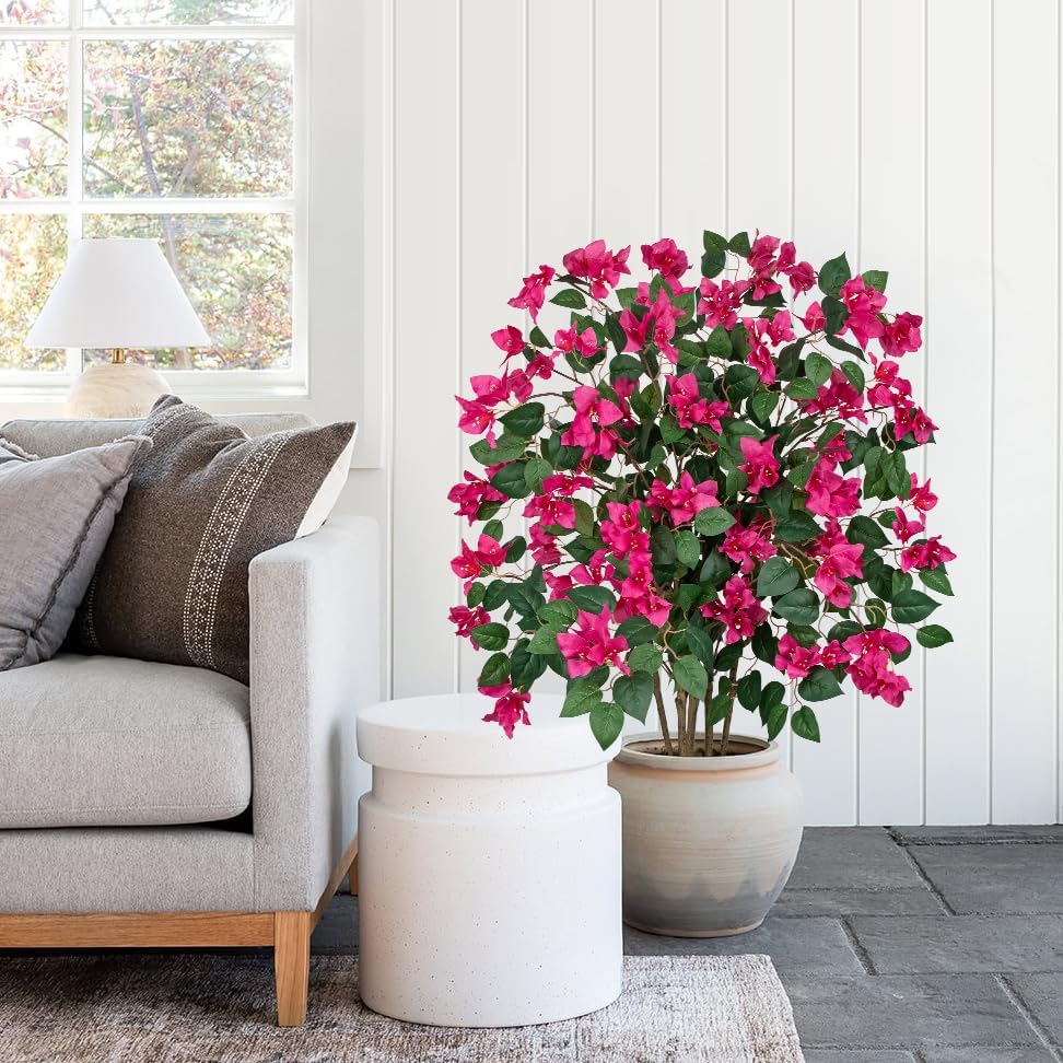 35.4in Artificial Bougainvillea Floral Tree in White Pot, Hot Pink Large Silk Flower Tree Faux Potted Tree for Indoor Outdoor Home Office Garden Wedding Party Decor