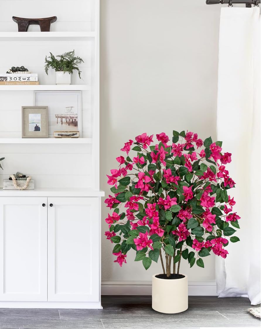 35.4in Artificial Bougainvillea Floral Tree in White Pot, Hot Pink Large Silk Flower Tree Faux Potted Tree for Indoor Outdoor Home Office Garden Wedding Party Decor