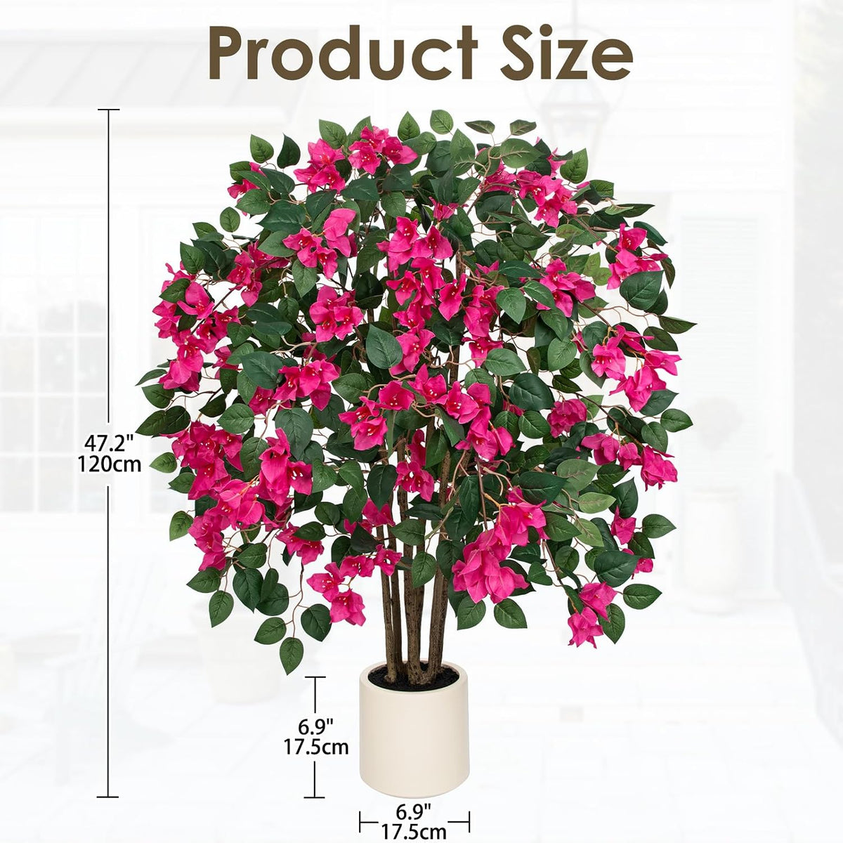 35.4in Artificial Bougainvillea Floral Tree in White Pot, Hot Pink Large Silk Flower Tree Faux Potted Tree for Indoor Outdoor Home Office Garden Wedding Party Decor
