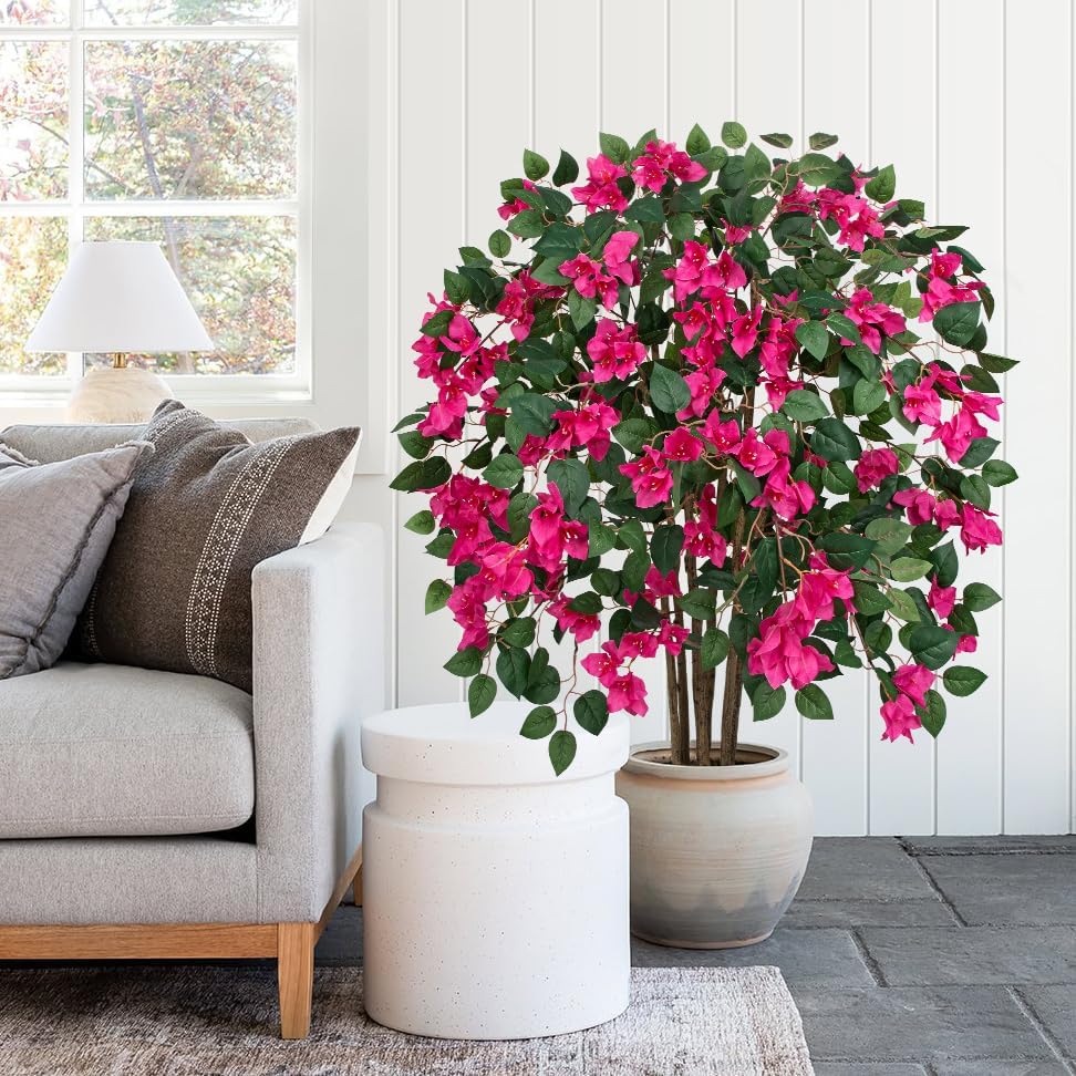 35.4in Artificial Bougainvillea Floral Tree in White Pot, Hot Pink Large Silk Flower Tree Faux Potted Tree for Indoor Outdoor Home Office Garden Wedding Party Decor