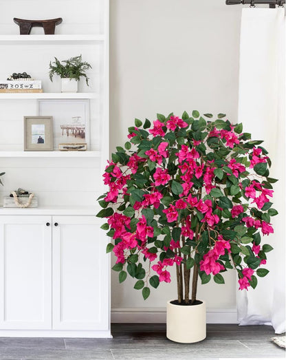 35.4in Artificial Bougainvillea Floral Tree in White Pot, Hot Pink Large Silk Flower Tree Faux Potted Tree for Indoor Outdoor Home Office Garden Wedding Party Decor