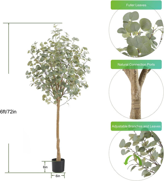 Tall Eucalyptus Tree Artificial，6ft(72in) Faux Eucalyptus Tree with Realistic Silk Leaves， Fake Trees Indoor Outdoor for Home Office Living Room Bedroom Foyer Porch Decor.