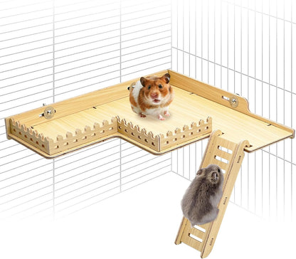 2-Tier Hanging Gerbil Climbing Platform with Ladder & Fence, Wooden Platform for Cage, Hamster Activity Playground Habitat Decor, Cage Accessories for Dwarf Hamster Gerbil Mice Rat Mouse