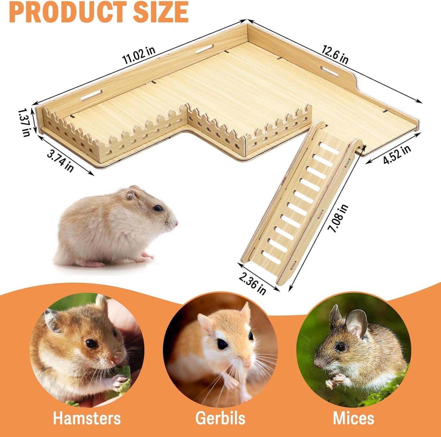 2-Tier Hanging Gerbil Climbing Platform with Ladder & Fence, Wooden Platform for Cage, Hamster Activity Playground Habitat Decor, Cage Accessories for Dwarf Hamster Gerbil Mice Rat Mouse