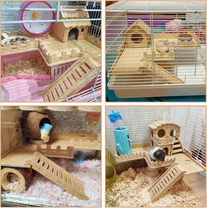 2-Tier Hanging Gerbil Climbing Platform with Ladder & Fence, Wooden Platform for Cage, Hamster Activity Playground Habitat Decor, Cage Accessories for Dwarf Hamster Gerbil Mice Rat Mouse