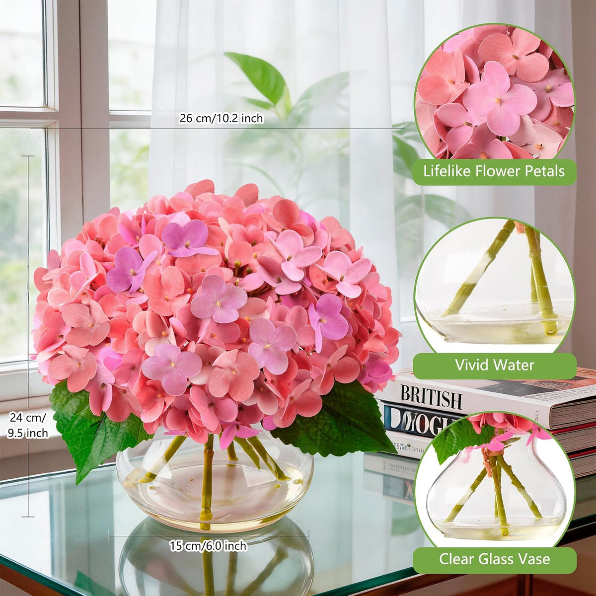 Artificial Hydrangea Flowers Arrangements in Glass Vase for Home Decoration, Faux Hydrangea Flowers for Floral Arrangements with Faux Water Wedding Bouquets Kitchen Table Centerpiece Decor