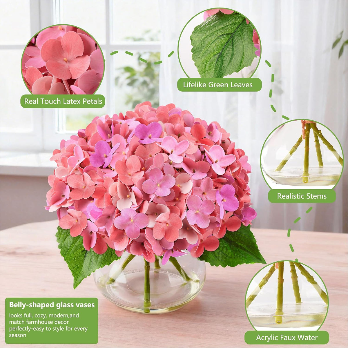 Artificial Hydrangea Flowers Arrangements in Glass Vase for Home Decoration, Faux Hydrangea Flowers for Floral Arrangements with Faux Water Wedding Bouquets Kitchen Table Centerpiece Decor
