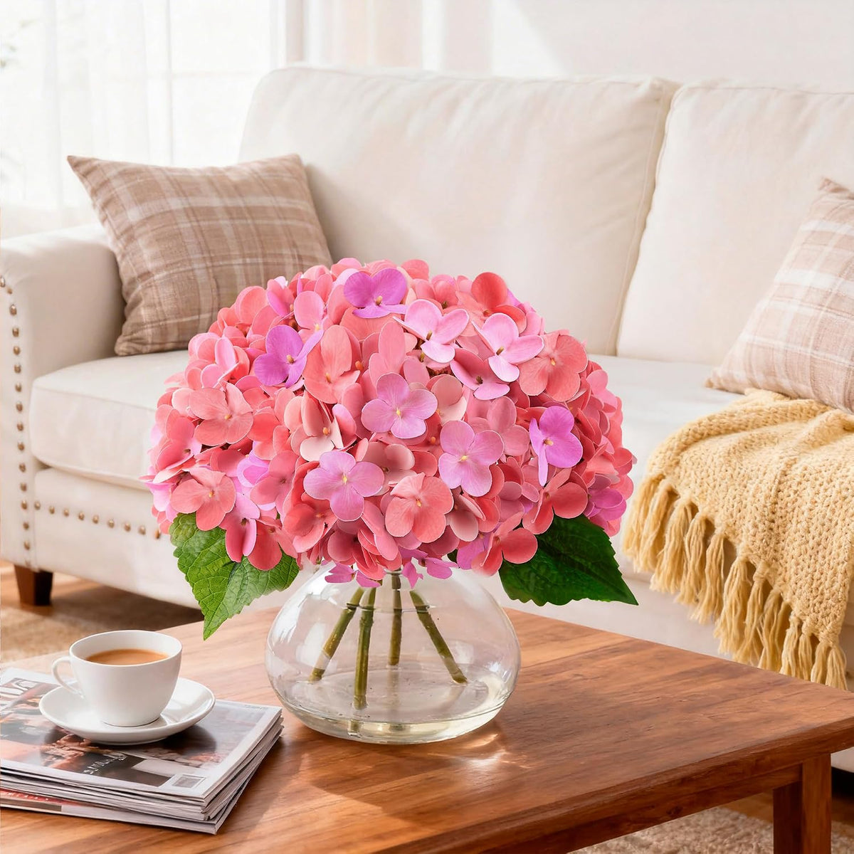 Artificial Hydrangea Flowers Arrangements in Glass Vase for Home Decoration, Faux Hydrangea Flowers for Floral Arrangements with Faux Water Wedding Bouquets Kitchen Table Centerpiece Decor