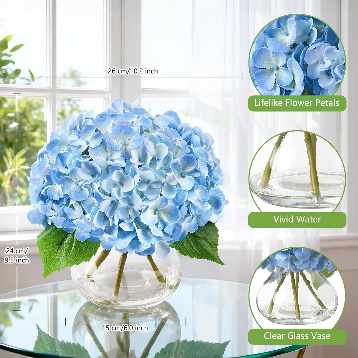 Artificial Hydrangea Flowers Arrangements in Glass Vase for Home Decoration, Faux Hydrangea Flowers for Floral Arrangements with Faux Water Wedding Bouquets Kitchen Table Centerpiece Decor