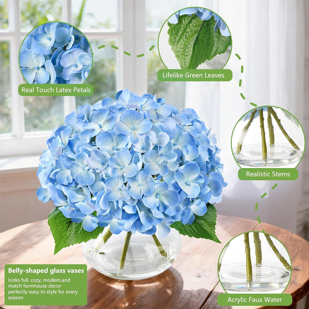 Artificial Hydrangea Flowers Arrangements in Glass Vase for Home Decoration, Faux Hydrangea Flowers for Floral Arrangements with Faux Water Wedding Bouquets Kitchen Table Centerpiece Decor