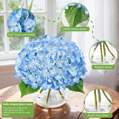 Artificial Hydrangea Flowers Arrangements in Glass Vase for Home Decoration, Faux Hydrangea Flowers for Floral Arrangements with Faux Water Wedding Bouquets Kitchen Table Centerpiece Decor