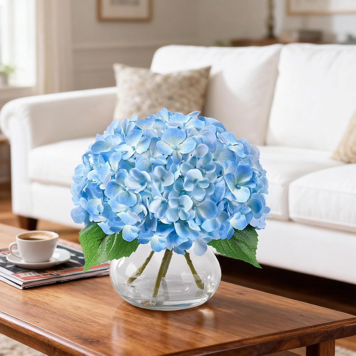 Artificial Hydrangea Flowers Arrangements in Glass Vase for Home Decoration, Faux Hydrangea Flowers for Floral Arrangements with Faux Water Wedding Bouquets Kitchen Table Centerpiece Decor