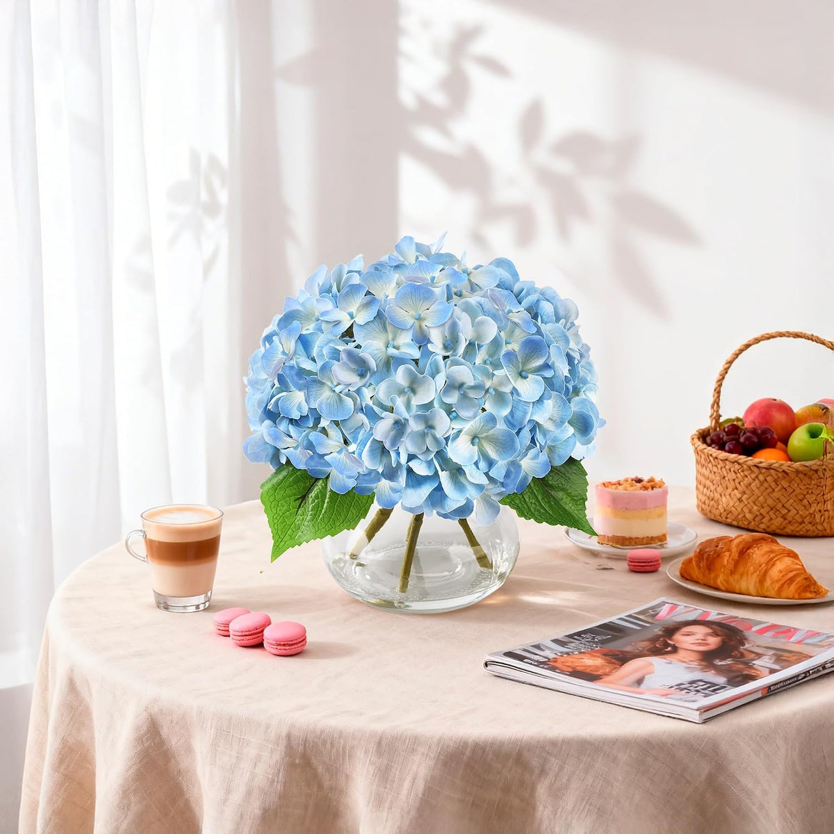 Artificial Hydrangea Flowers Arrangements in Glass Vase for Home Decoration, Faux Hydrangea Flowers for Floral Arrangements with Faux Water Wedding Bouquets Kitchen Table Centerpiece Decor