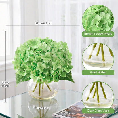 Artificial Hydrangea Flowers Arrangements in Glass Vase for Home Decoration, Faux Hydrangea Flowers for Floral Arrangements with Faux Water Wedding Bouquets Kitchen Table Centerpiece Decor