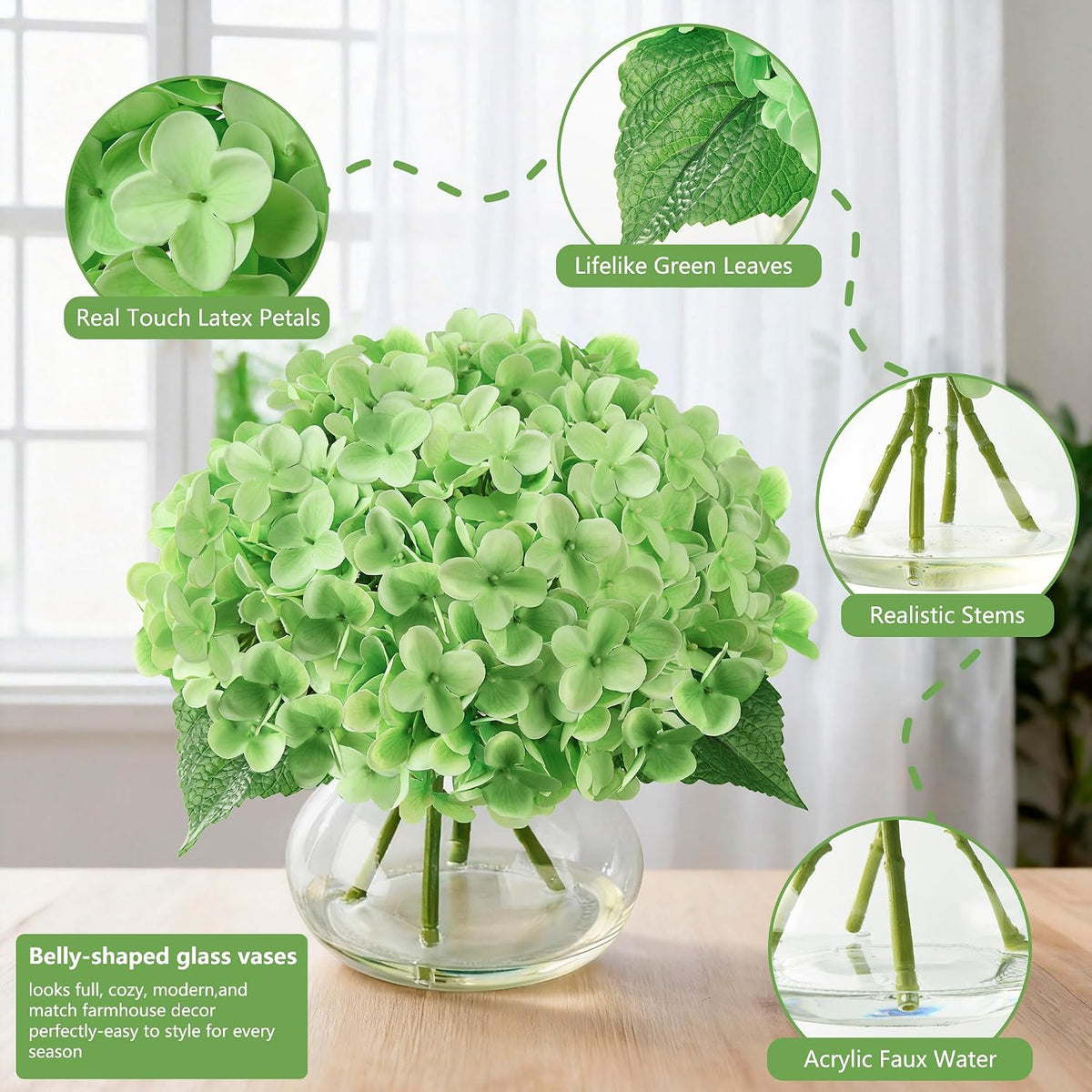 Artificial Hydrangea Flowers Arrangements in Glass Vase for Home Decoration, Faux Hydrangea Flowers for Floral Arrangements with Faux Water Wedding Bouquets Kitchen Table Centerpiece Decor
