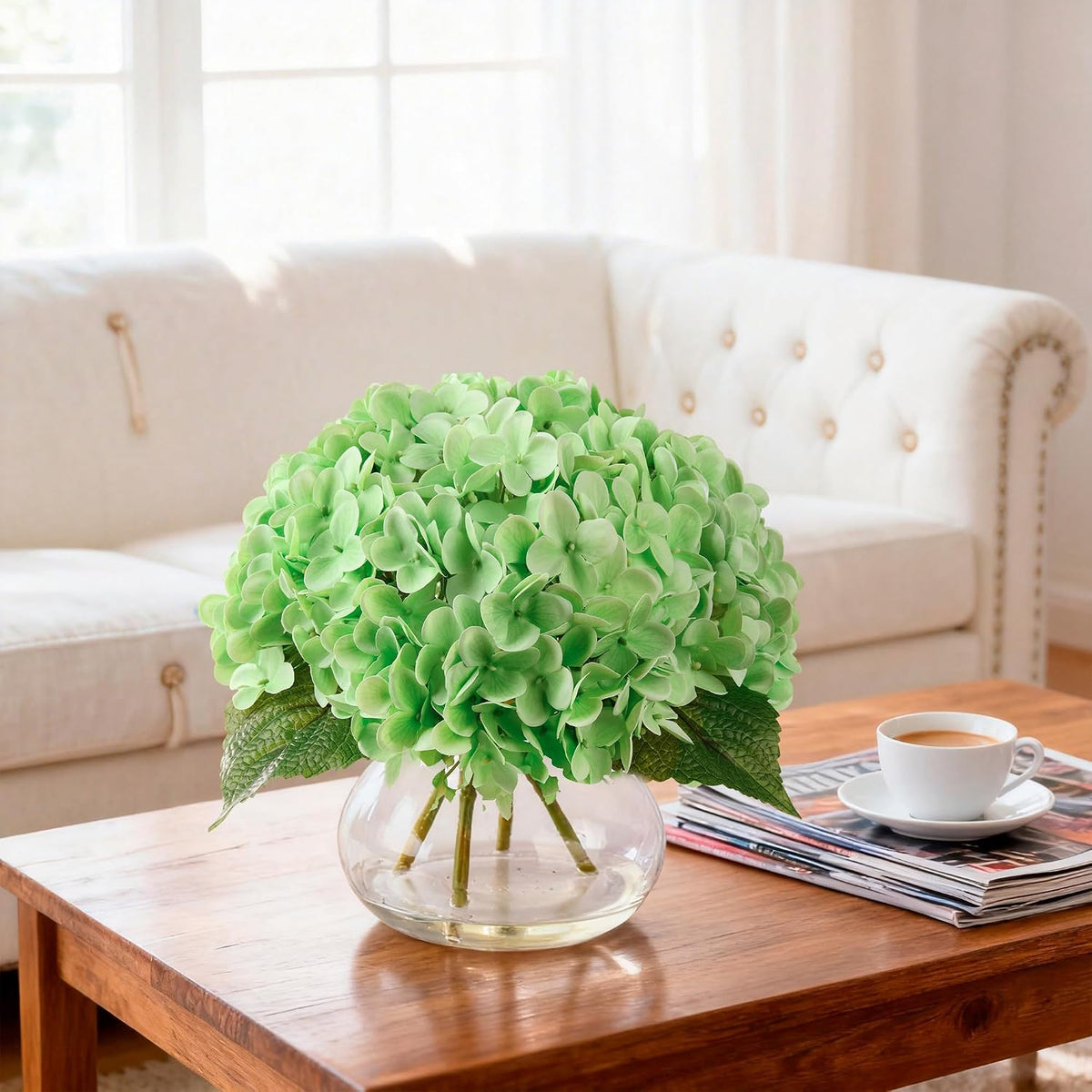 Artificial Hydrangea Flowers Arrangements in Glass Vase for Home Decoration, Faux Hydrangea Flowers for Floral Arrangements with Faux Water Wedding Bouquets Kitchen Table Centerpiece Decor