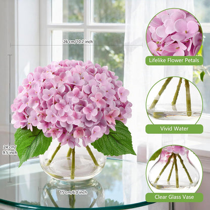 Artificial Hydrangea Flowers Arrangements in Glass Vase for Home Decoration, Faux Hydrangea Flowers for Floral Arrangements with Faux Water Wedding Bouquets Kitchen Table Centerpiece Decor