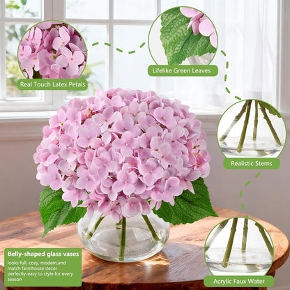 Artificial Hydrangea Flowers Arrangements in Glass Vase for Home Decoration, Faux Hydrangea Flowers for Floral Arrangements with Faux Water Wedding Bouquets Kitchen Table Centerpiece Decor