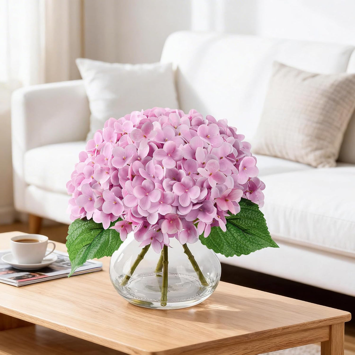 Artificial Hydrangea Flowers Arrangements in Glass Vase for Home Decoration, Faux Hydrangea Flowers for Floral Arrangements with Faux Water Wedding Bouquets Kitchen Table Centerpiece Decor