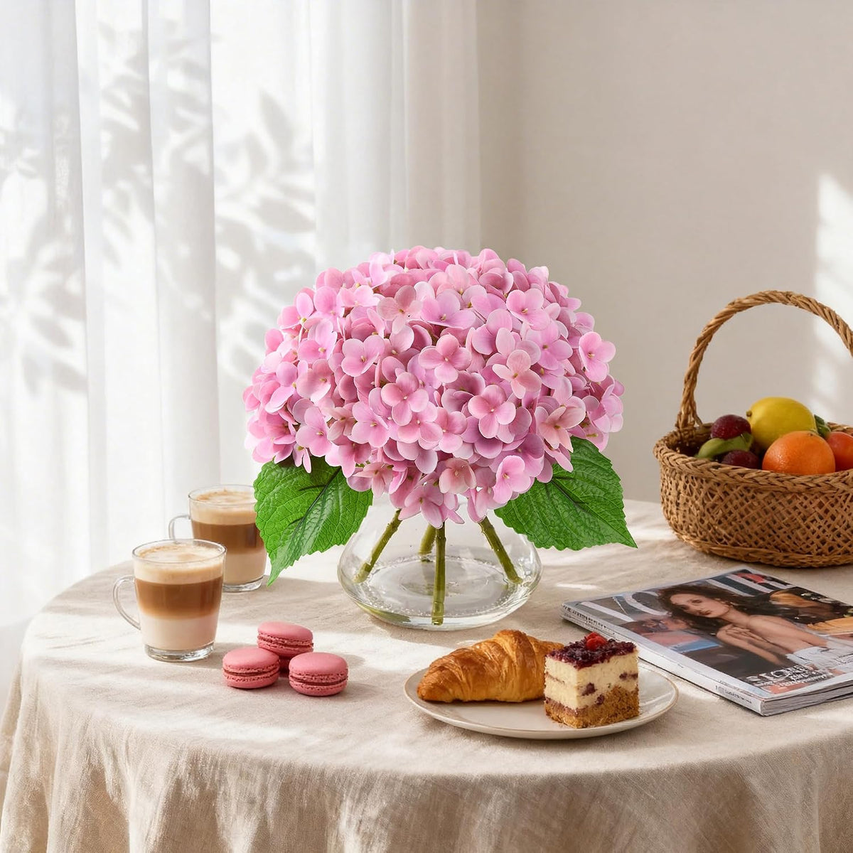 Artificial Hydrangea Flowers Arrangements in Glass Vase for Home Decoration, Faux Hydrangea Flowers for Floral Arrangements with Faux Water Wedding Bouquets Kitchen Table Centerpiece Decor
