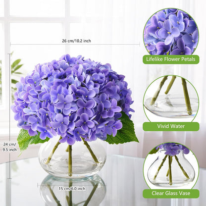 Artificial Hydrangea Flowers Arrangements in Glass Vase for Home Decoration, Faux Hydrangea Flowers for Floral Arrangements with Faux Water Wedding Bouquets Kitchen Table Centerpiece Decor