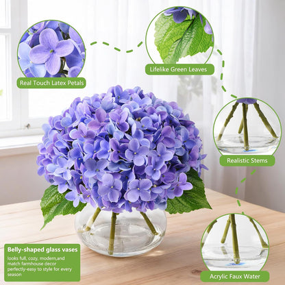 Artificial Hydrangea Flowers Arrangements in Glass Vase for Home Decoration, Faux Hydrangea Flowers for Floral Arrangements with Faux Water Wedding Bouquets Kitchen Table Centerpiece Decor